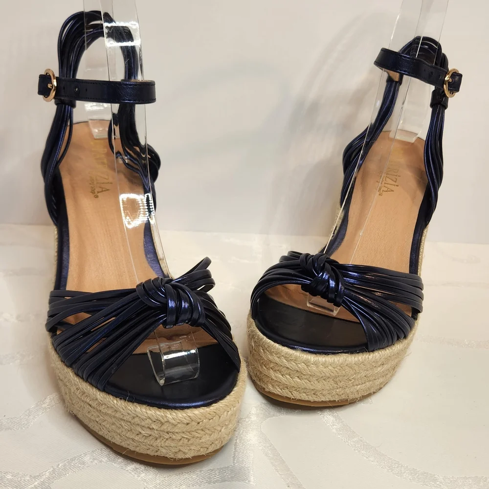 Patrizia by Spring Step Blue Metallic Strappy Woven Wedge Sandal Sz 6.5/7